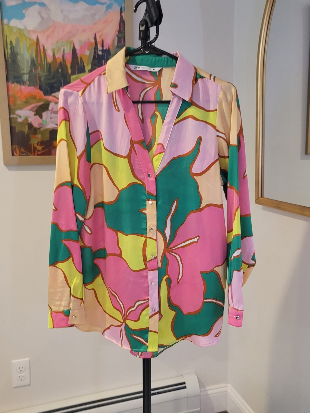 ZARA Abstract Floral Print Blouse Satin Green Pink Women's Size S